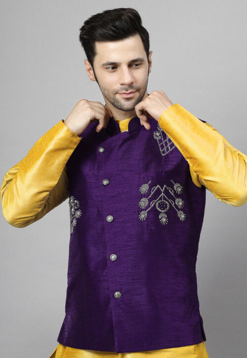 Embroidered Art Silk Kurta Set in Yellow and Violet