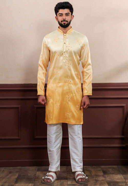 Embroidered Art Silk Kurta Set in Yellow Ombre