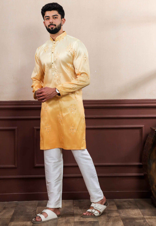 Embroidered Art Silk Kurta Set in Yellow Ombre