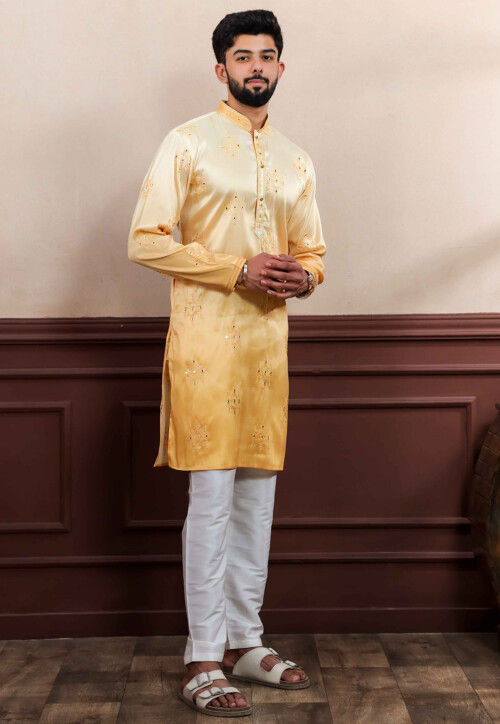Embroidered Art Silk Kurta Set in Yellow Ombre