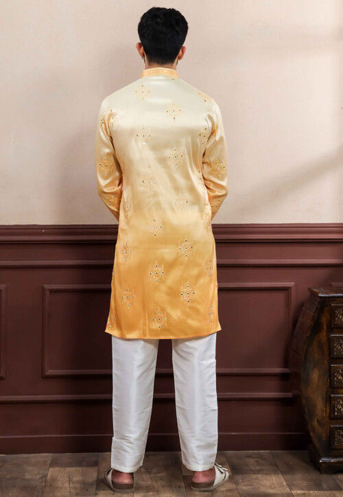 Embroidered Art Silk Kurta Set in Yellow Ombre