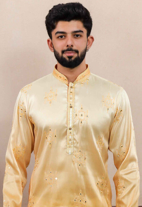 Embroidered Art Silk Kurta Set in Yellow Ombre
