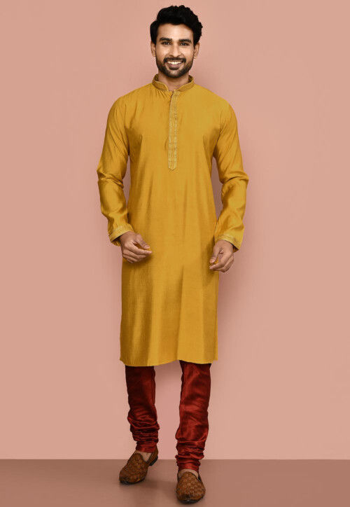 Embroidered Art Silk Kurta Set in Yellow