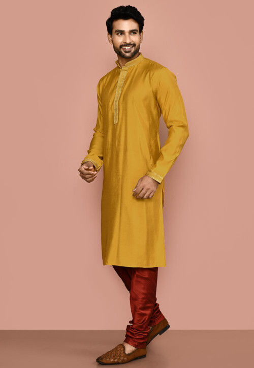 Embroidered Art Silk Kurta Set in Yellow