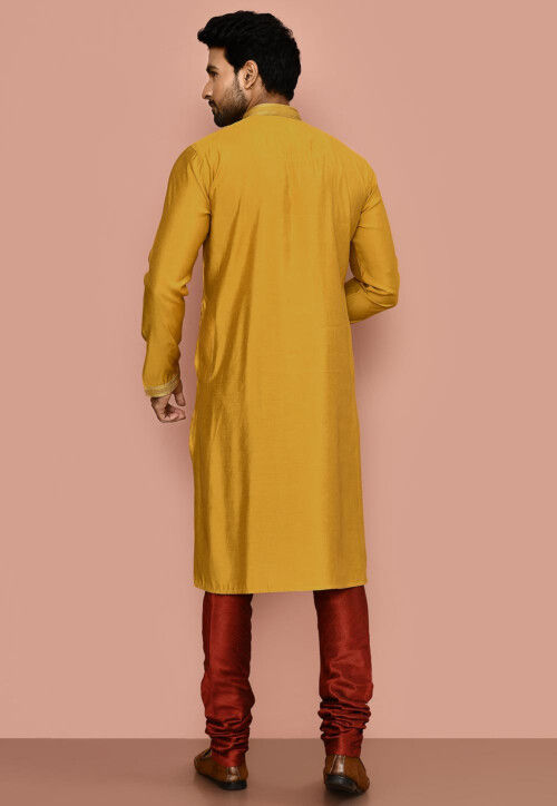 Embroidered Art Silk Kurta Set in Yellow