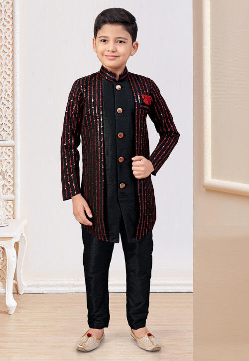 Embroidered Art Silk Layered Sherwani in Black