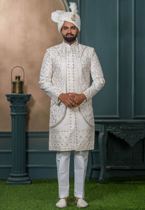 Embroidered Art Silk Layered Sherwani in Off White