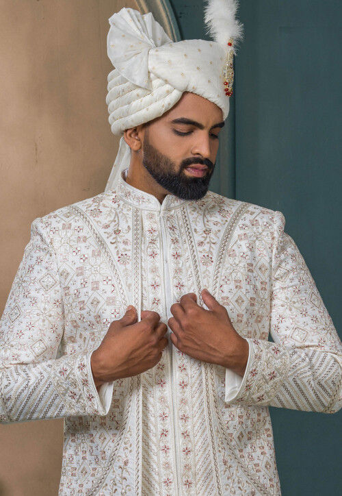 Embroidered Art Silk Layered Sherwani in Off White