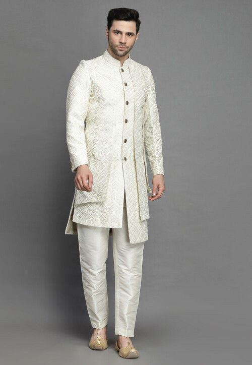 Embroidered Art Silk Layered Sherwani in Off White