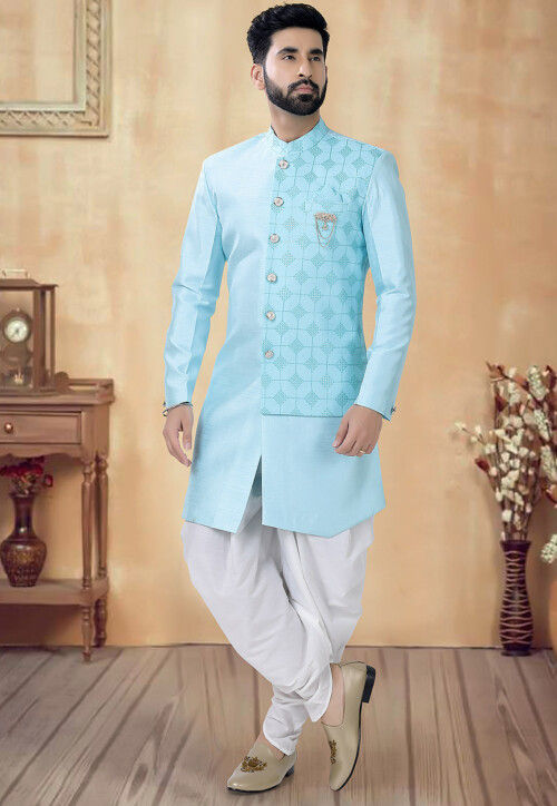 Embroidered Art Silk Layered Sherwani in Sky Blue