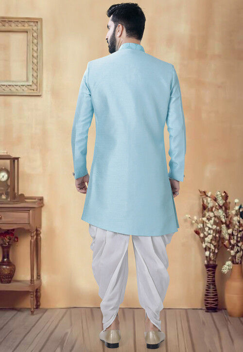 Embroidered Art Silk Layered Sherwani in Sky Blue