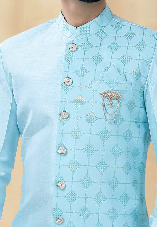 Embroidered Art Silk Layered Sherwani in Sky Blue