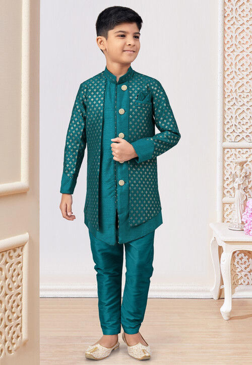 Embroidered Art Silk Layered Sherwani in Teal Green