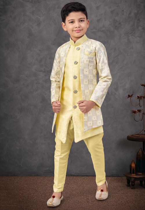 Embroidered Art Silk Layered Sherwani in Yellow