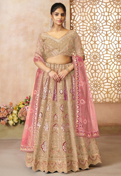 Embroidered Art Silk Lehenga in Beige