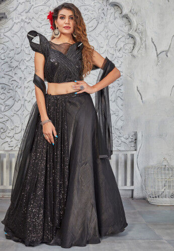Embroidered Art Silk Lehenga in Black