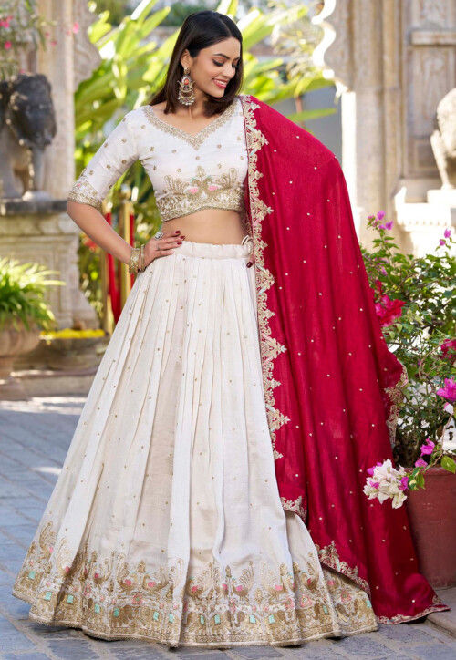 Embroidered Art Silk Lehenga in Cream