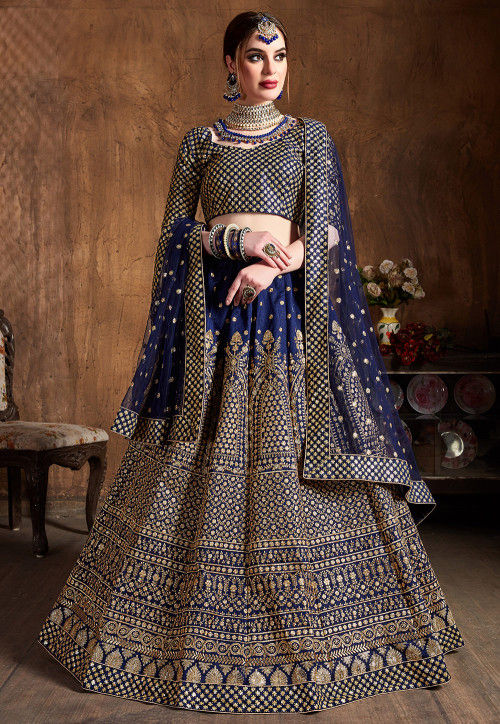 Embroidered Art Silk Lehenga in Dark Blue