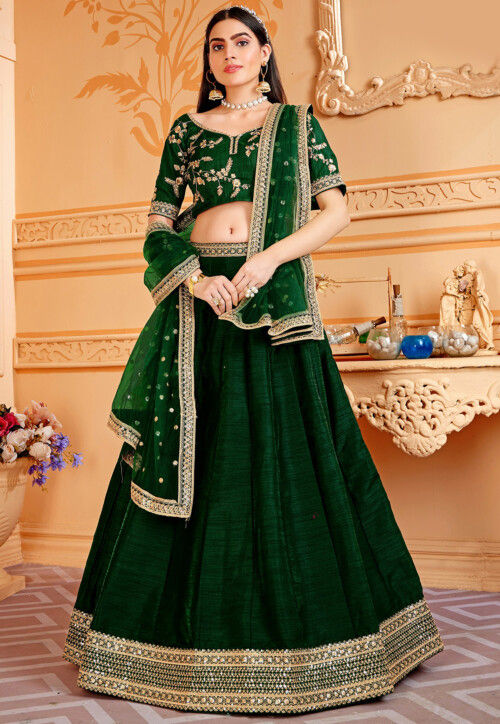 Beautiful Bottle green Lehenga-Choli. Embellished with hand embroidery  work. Paired with net dupat… | Indian wedding outfits, Green lehenga,  Indian bridal lehenga