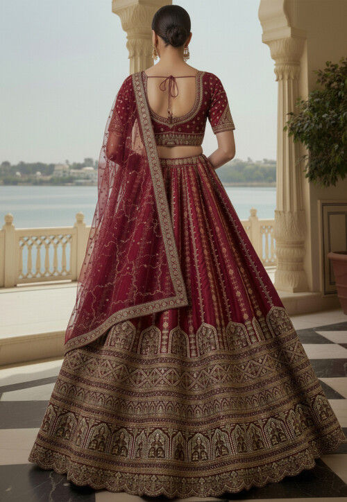 Embroidered Art Silk Lehenga in Dark Pink