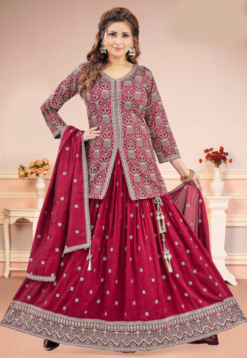 Embroidered Art Silk Lehenga in Fuchsia