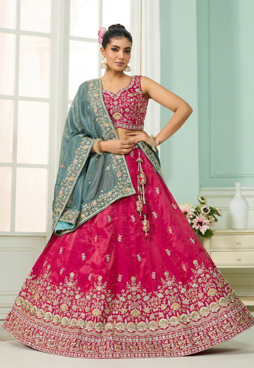 Embroidered Art Silk Lehenga in Fuchsia