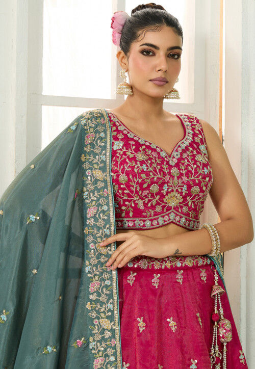 Embroidered Art Silk Lehenga in Fuchsia