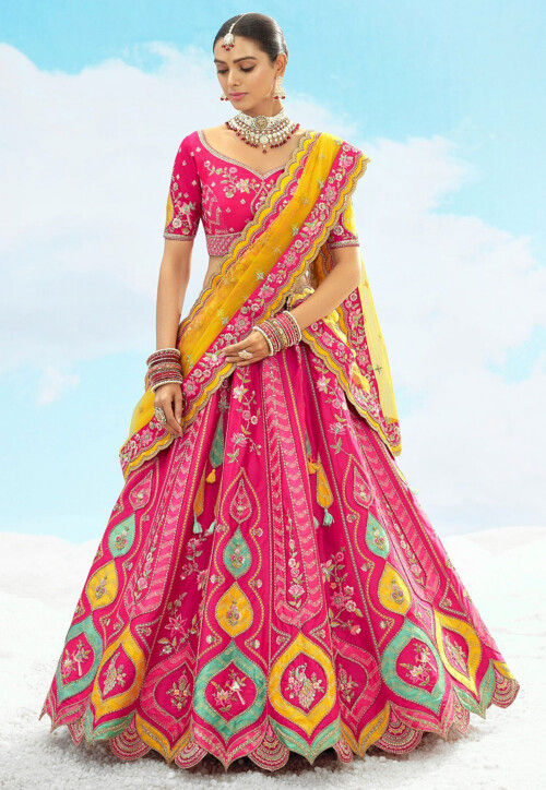 Embroidered Art Silk Jacquard Lehenga in Fuchsia