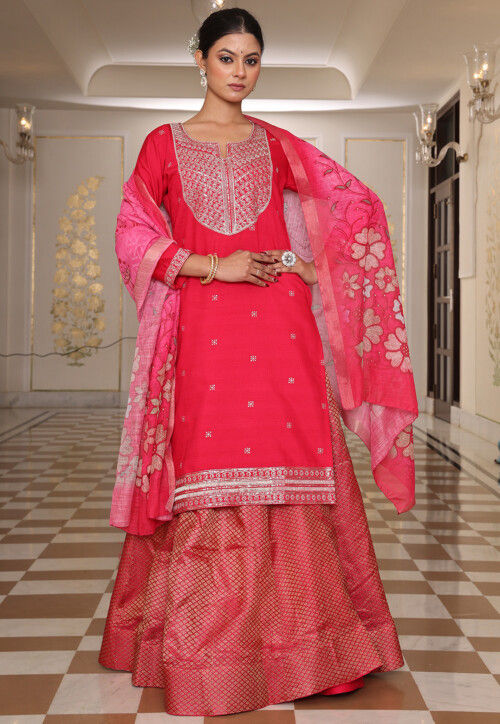 Embroidered Art Silk Lehenga in Fuchsia