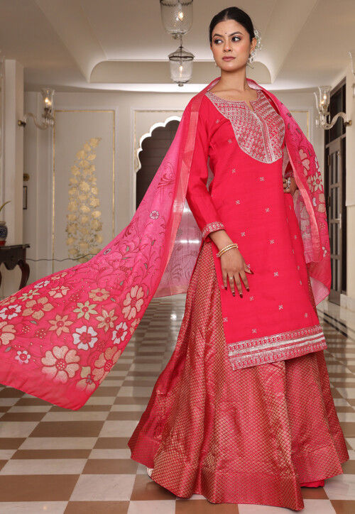 Embroidered Art Silk Lehenga in Fuchsia