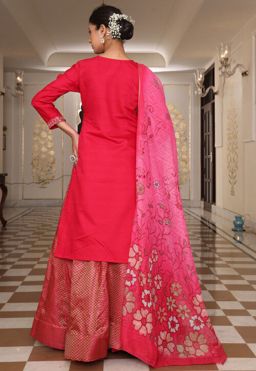 Embroidered Art Silk Lehenga in Fuchsia