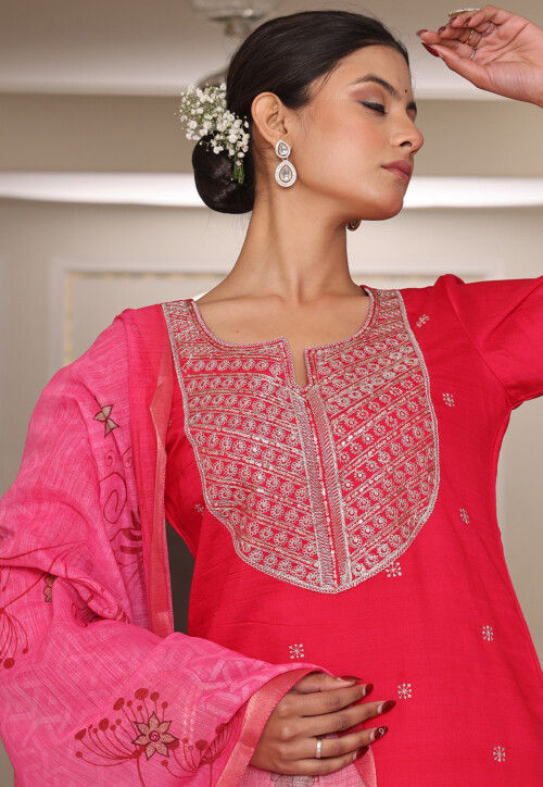 Embroidered Art Silk Lehenga in Fuchsia