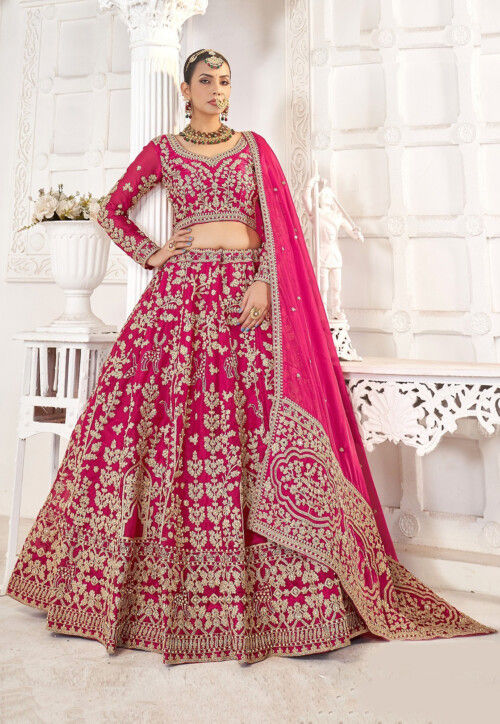 Embroidered Art Silk Lehenga in Fuchsia