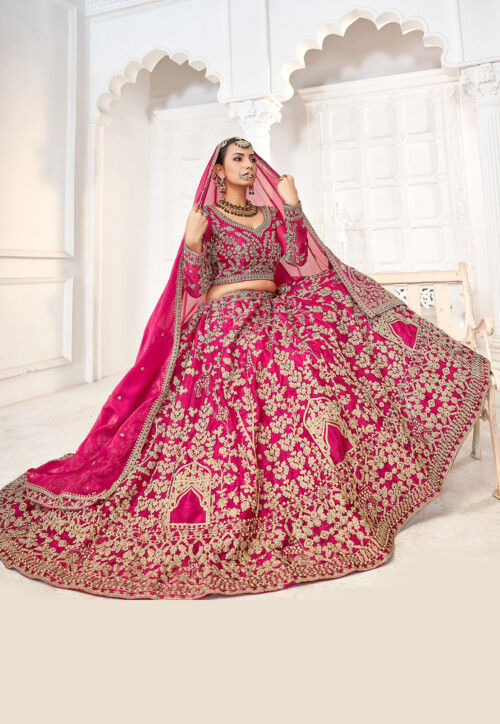 Embroidered Art Silk Lehenga in Fuchsia