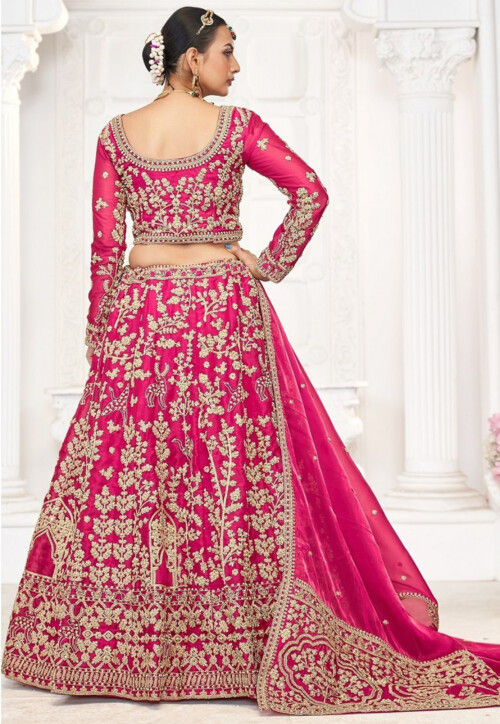 Embroidered Art Silk Lehenga in Fuchsia