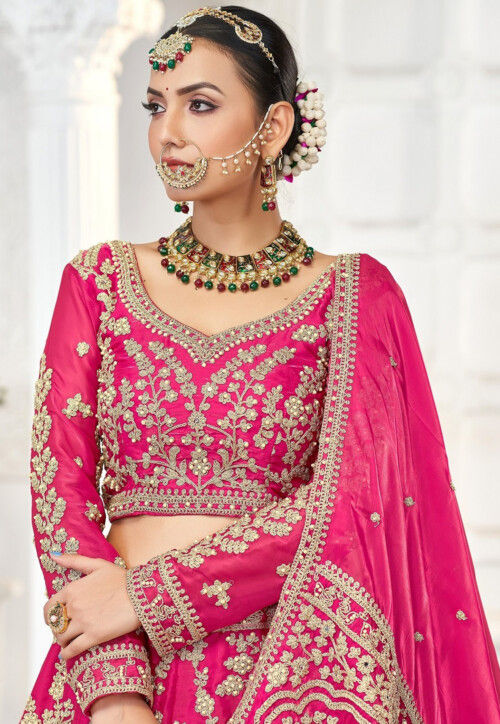 Embroidered Art Silk Lehenga in Fuchsia