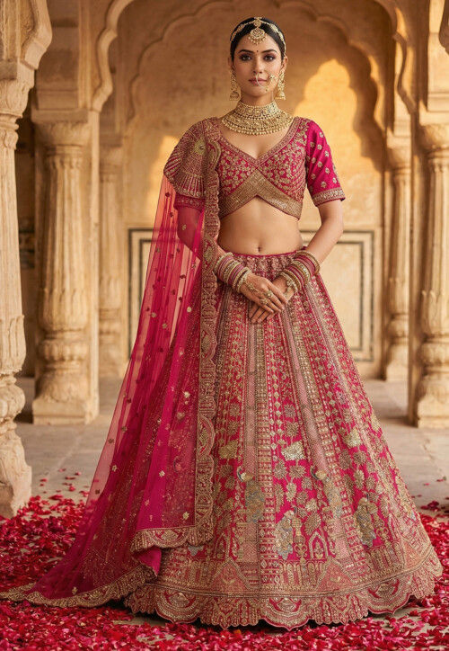 Embroidered Art Silk Lehenga in Fuchsia