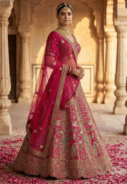 Embroidered Art Silk Lehenga in Fuchsia