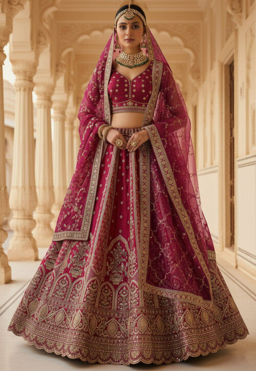Embroidered Art Silk Lehenga in Fuchsia
