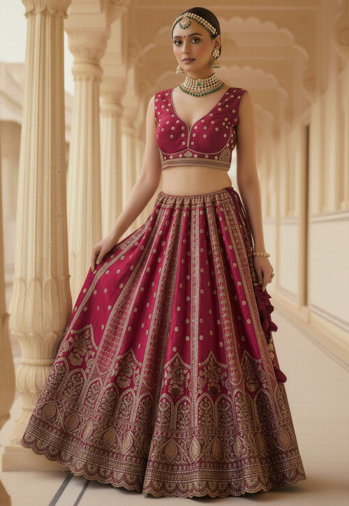 Embroidered Art Silk Lehenga in Fuchsia