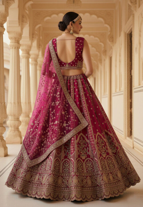 Embroidered Art Silk Lehenga in Fuchsia