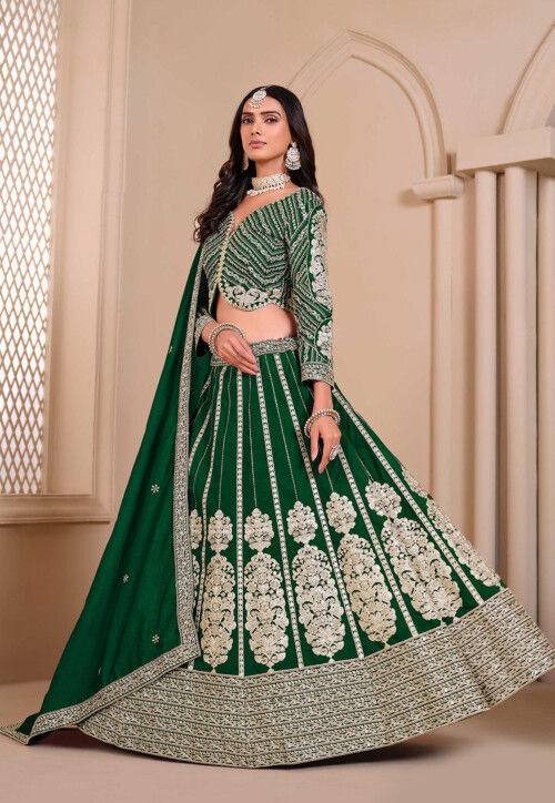 Embroidered Art Silk Lehenga in Green