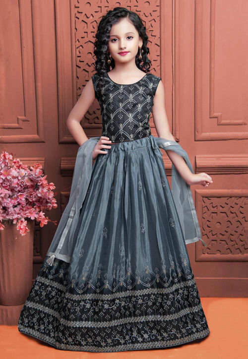 Embroidered Art Silk Lehenga in Grey and Black