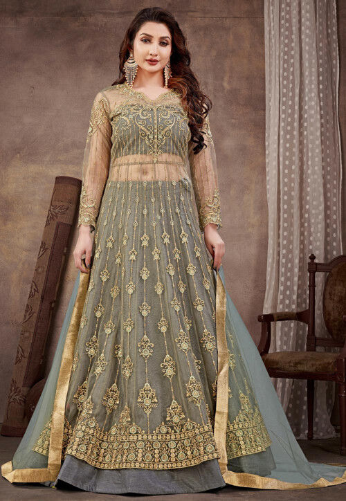 Embroidered Net Lehenga in Grey 