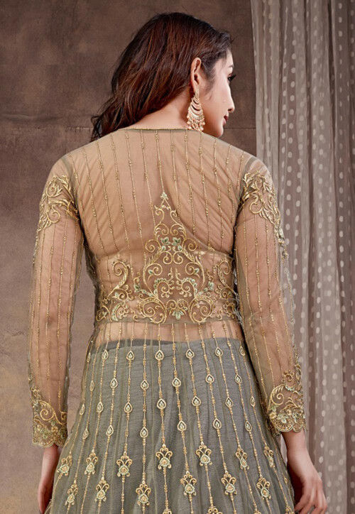 Embroidered Net Lehenga in Grey 