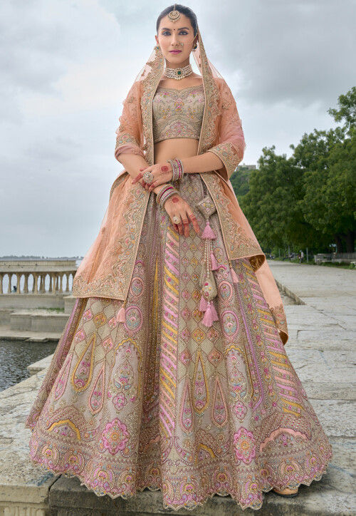 Embroidered Art Silk Lehenga in Grey