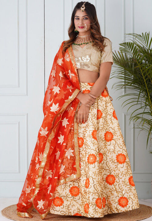 Embroidered Art Silk Lehenga in Light Beige