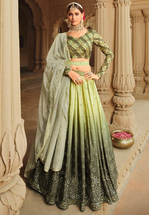 Embroidered Georgette Lehenga in Dark Olive Green : LSW77