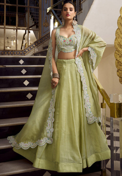 Embroidered Art Silk Lehenga in Light Green