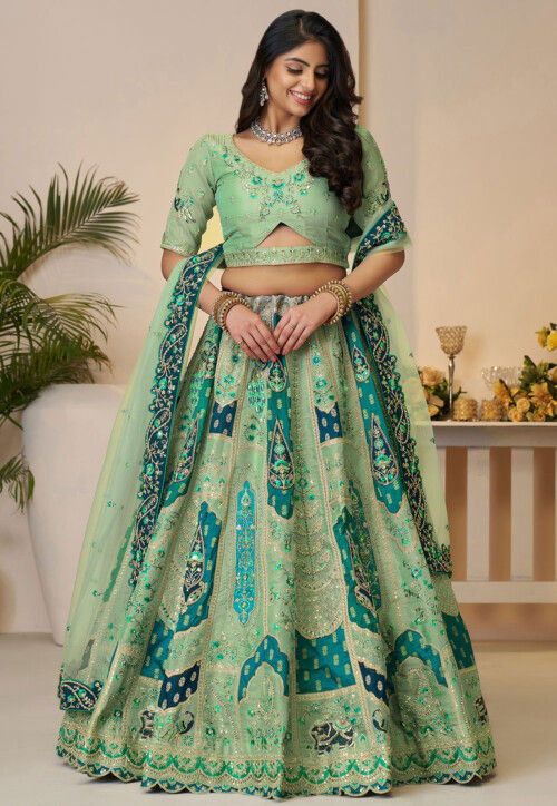 Embroidered Art Silk Lehenga in Light Green